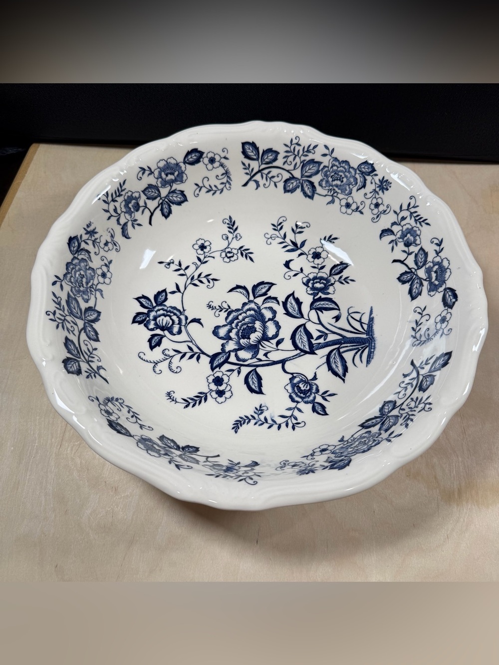 Vintage Blue Peony Hand-Painted 13” Serving Bowl Japan, Cream & Blue